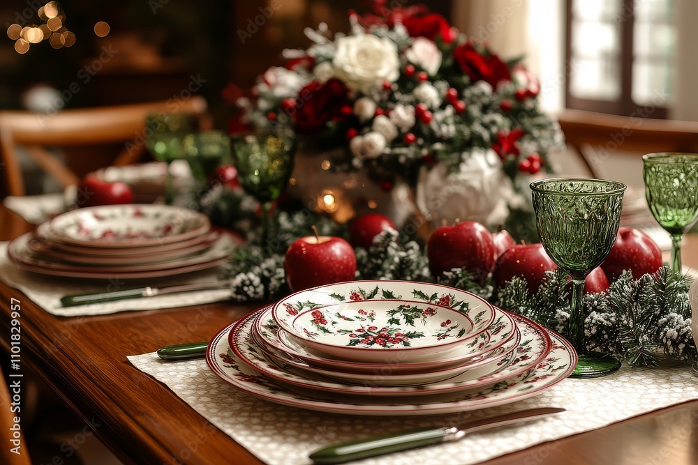 Traditional Christmas table setting with red and white color scheme, wooden oak chairs, elegant ceramic tabletop, porcelain plates, green glasses, and festive apple decorations.