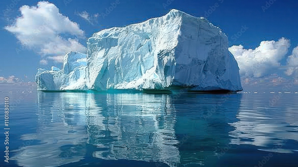 A large iceberg floating in calm blue waters under a clear sky. A large iceberg floating in calm blue waters under a clear sky.