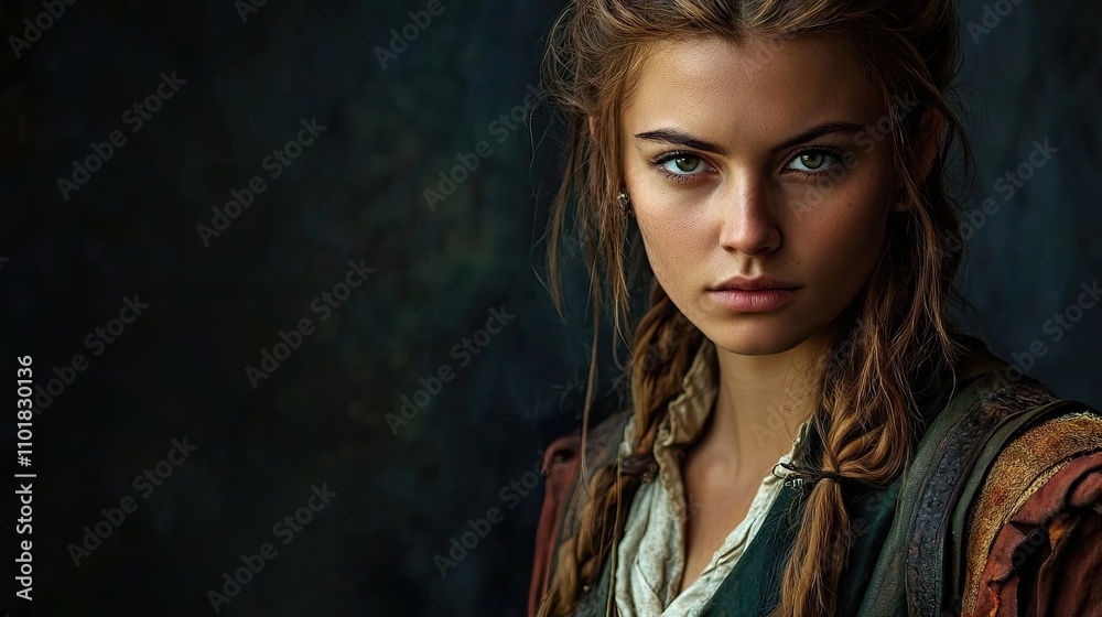 Young woman dressed in a medieval or pirate style poses against a dark background, evoking an adventurous spirit. The medieval or pirate style costume adds intrigue, with ample copy space.