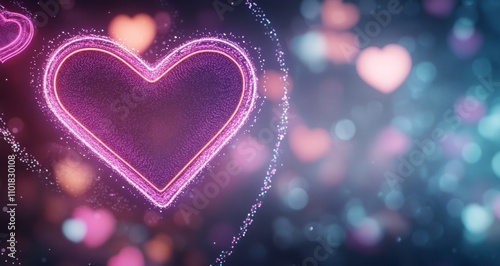Colorful neon hearts glowing in soft light against a blurred background at night