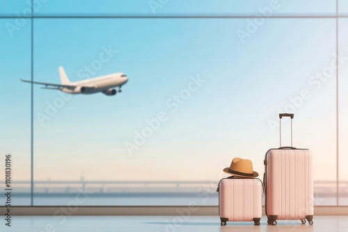 Luggage ready for travel at sunset with airplane taking off in the background