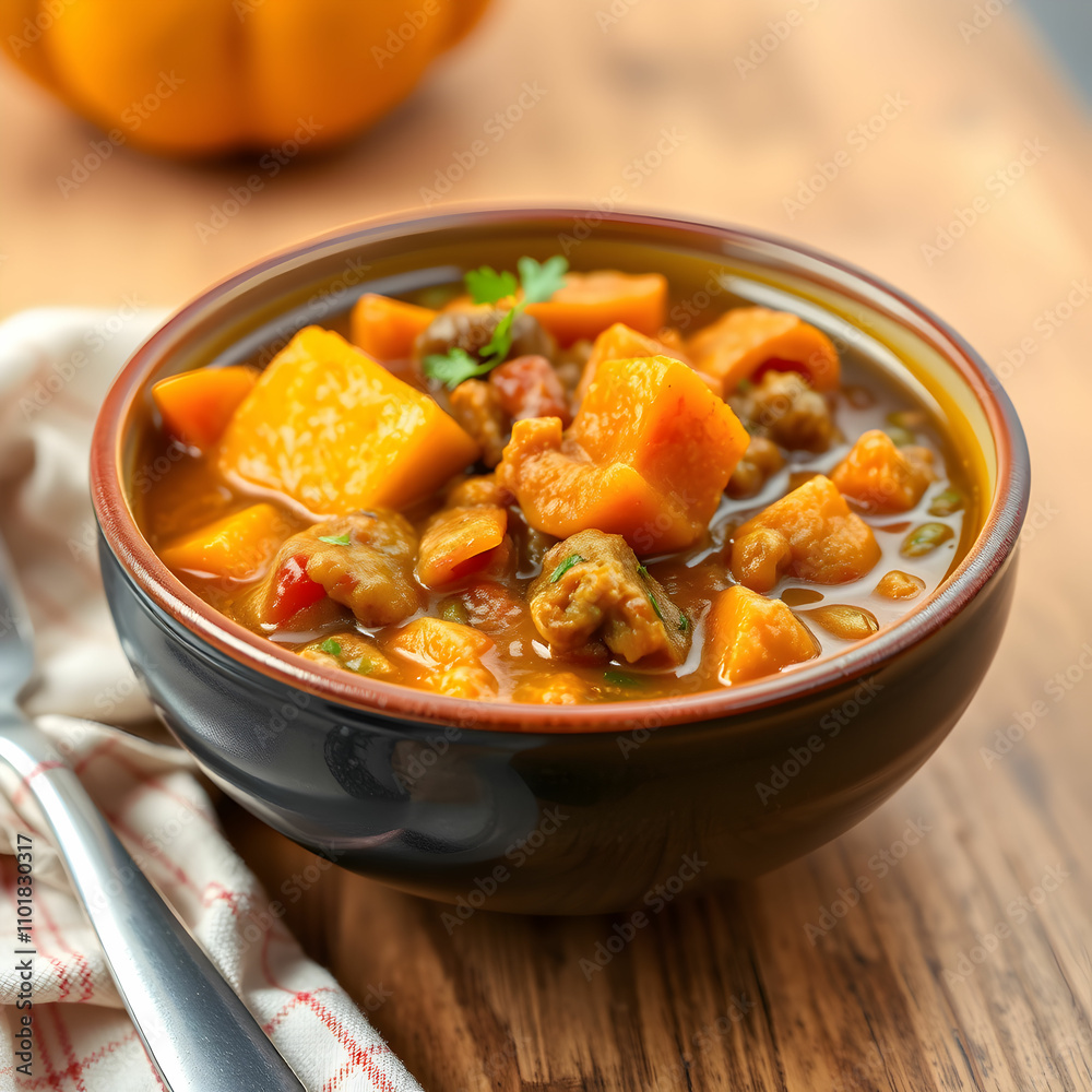 Lentil stew ragout with pumpkin and carrot in bowl on wooden table Lentil stew ragout with pumpkin and carrot in bowl on wooden table