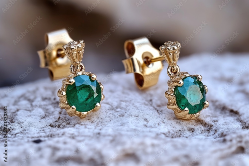 A pair of emerald earrings sitting on a rock, ideal for jewelry or gift related compositions A pair of emerald earrings sitting on a rock, ideal for jewelry or gift related compositions