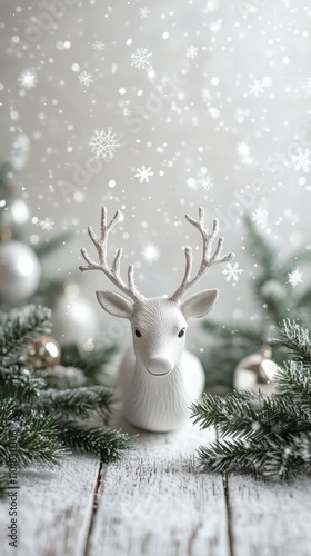 White reindeer decoration surrounded by festive greenery and snowflakes in a ...