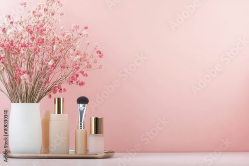 Essential makeup tools and products displayed on a tray against a soft pink b...