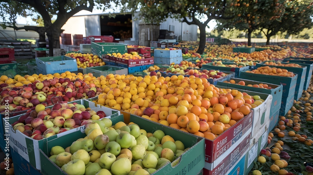 Assorted boxes filled with various fruits like apples and oranges