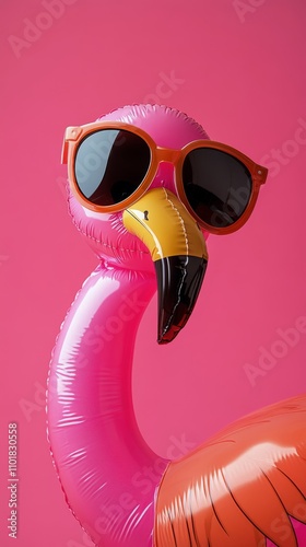 Inflatable flamingo wearing sunglasses against a vibrant pink background