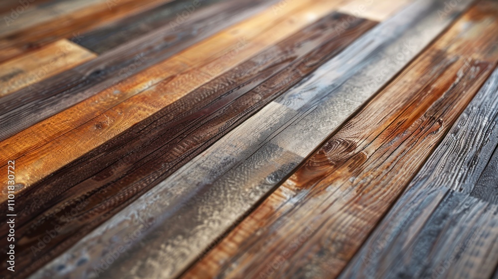 A close-up view of textured wooden planks in various shades and finishes. A close-up view of textured wooden planks in various shades and finishes.