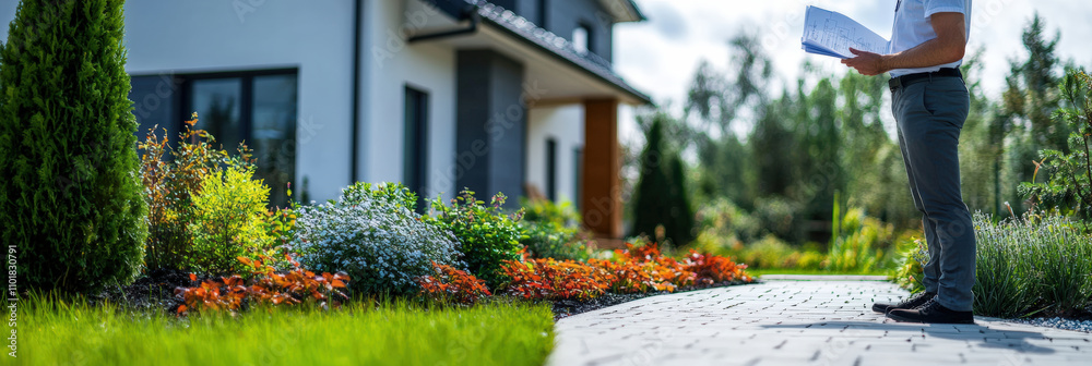 custom made wallpaper toronto digitalworker reviews blueprint outside modern, energy efficient home surrounded by lush garden and paved walkway, showcasing sustainable architecture and landscaping