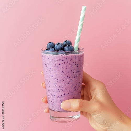 Blueberry smoothie with fresh berries held against a pink background