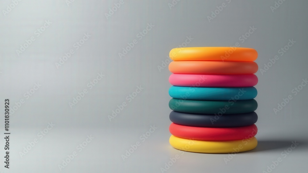 Colorful silicone bracelets arranged in a stack on a gray background, featuring blank surfaces and soft shadows for a modern design preview. Colorful silicone bracelets arranged in a stack on a gray background, featuring blank surfaces and soft shadows for a modern design preview.