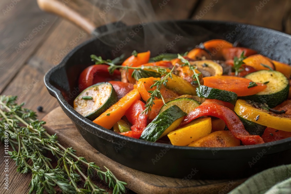 Close-up of Steaming Roasted Vegetables with Thyme in a Skillet, Perfectly Cooked and Ready to Serve Close-up of Steaming Roasted Vegetables with Thyme in a Skillet, Perfectly Cooked and Ready to Serve