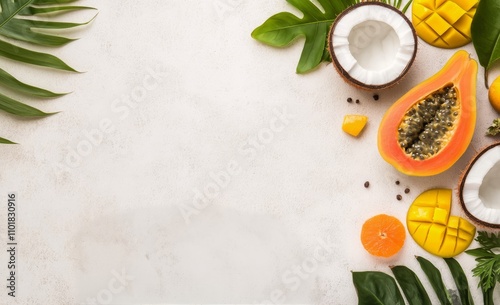 Fresh tropical fruits arranged on a white surface with green leaves