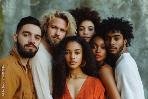A diverse group of six people standing closely, exhibiting unity and friendship, showcasing a blend of different cultural backgrounds and individual styles.