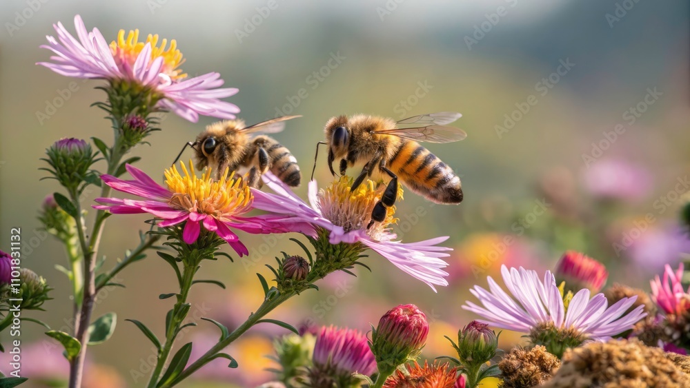 Close-up of Worker Bees Collecting Nectar on Vibrant Flowers and Honeycomb in a Busy Bee Colony for Nature and Pollination Enthusiasts Close-up of Worker Bees Collecting Nectar on Vibrant Flowers and Honeycomb in a Busy Bee Colony for Nature and Pollination Enthusiasts