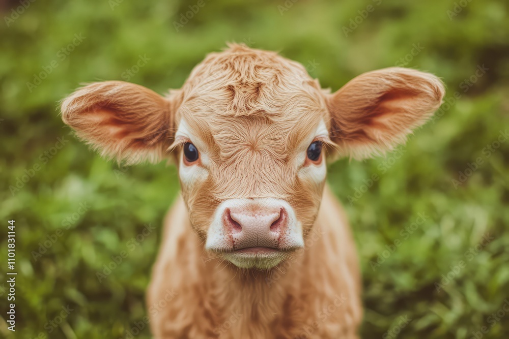 Portrait of a Cute Baby Yellow Calf on a Green Grass Field Portrait of a Cute Baby Yellow Calf on a Green Grass Field