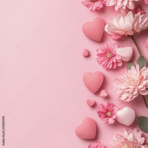 Colorful heart shapes and flowers on a pink background for decorative purposes