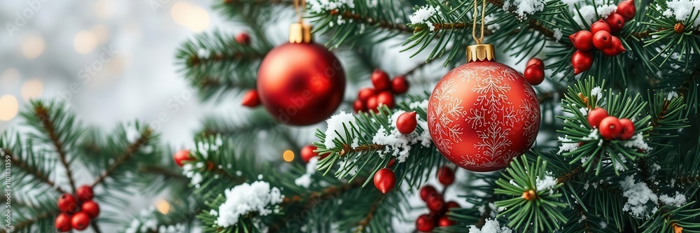 Snow-covered pine trees, red berries, and golden baubles create a festive and cozy Noel background, Noel, festive Snow-covered pine trees, red berries, and golden baubles create a festive and cozy Noel background, Noel, festive
