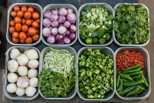 Fresh vegetables displayed in containers at a local market during daylight hours