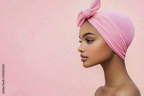 Young woman with pink bow headband against pastel colored background showing ...
