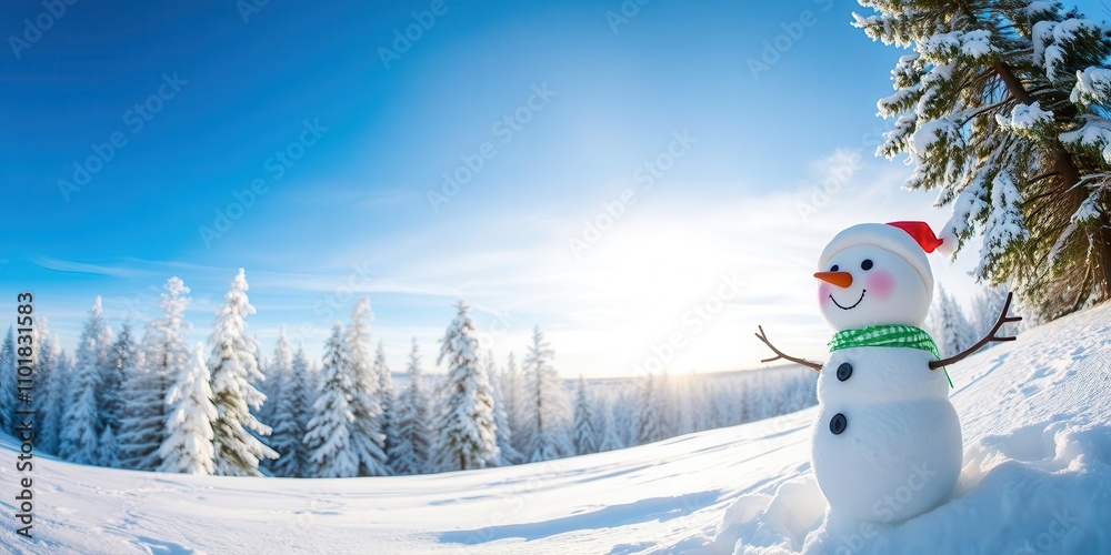 Obraz premium Snowman with a cheerful smile standing in a winter wonderland, surrounded by snowy trees and a clear blue sky with ample copy space, cold, snowman