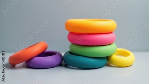 A silicone bracelets mockup featuring bright colors and blank surfaces, arranged on a gray background for branding design previews.