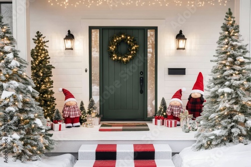 Festive holiday decorations illuminate a cozy porch during winter