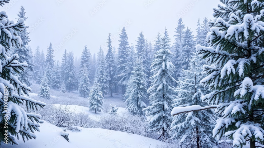 Snowy forest landscape with pine trees covered in snow, creating a magical winter wonderland, nature, frost Snowy forest landscape with pine trees covered in snow, creating a magical winter wonderland, nature, frost