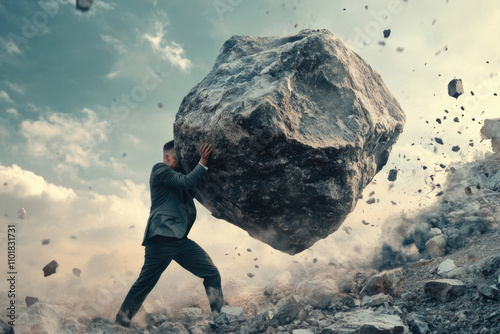 A business-suited individual is depicted in a dramatic scene exerting great effort to lift a massive rock uphill, reflecting themes of struggle and ambition in a desolate landscape. photo