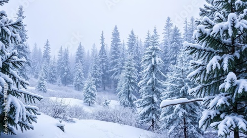 Snowy forest landscape with pine trees covered in snow, creating a magical winter wonderland, nature, frost