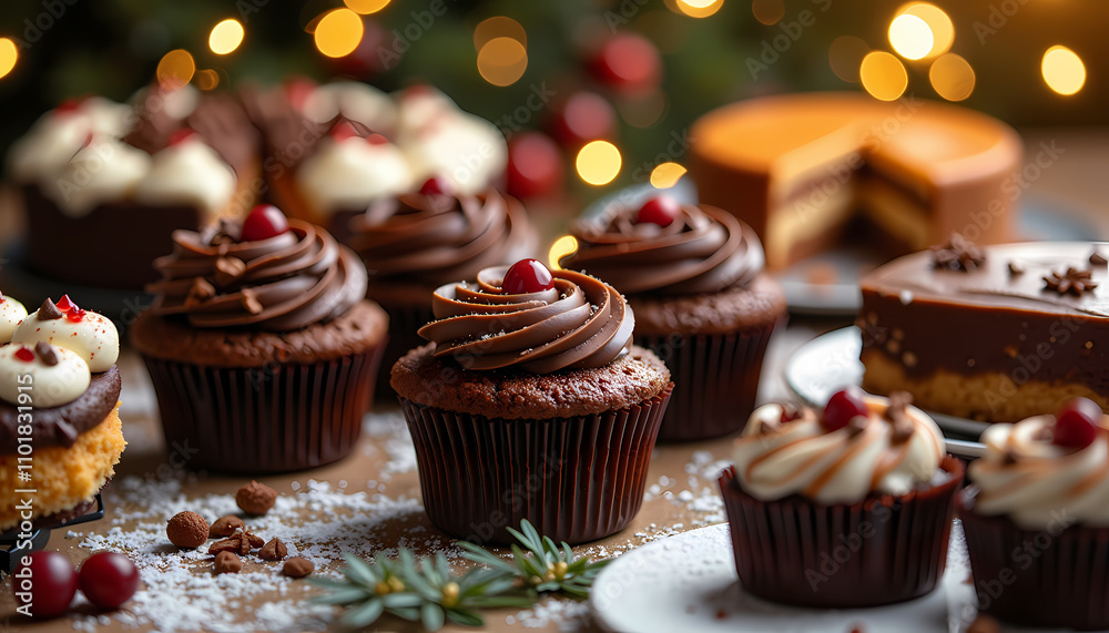 Assorted holiday desserts featuring chocolate cupcakes, cakes, and festive decorations with copy space