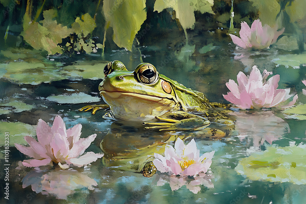 A serene frog rests among water lilies in a tranquil pond. A serene frog rests among water lilies in a tranquil pond.