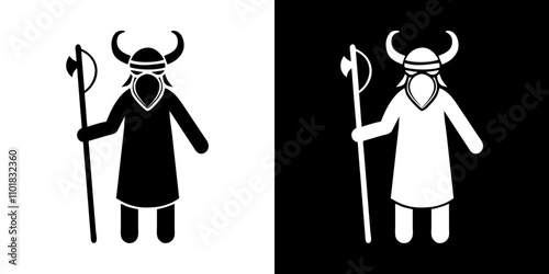 Viking shaman character, dual-toned design, on black and white backgrounds
