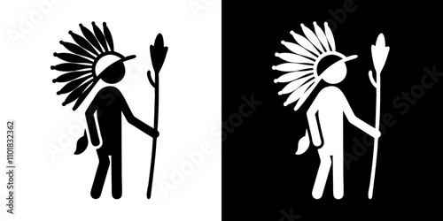 Native American shaman character, dual-toned design, on black and white backgrounds