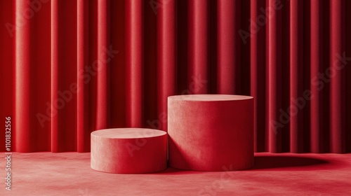 Red circular platforms set against a backdrop of flowing red curtains in a mi...