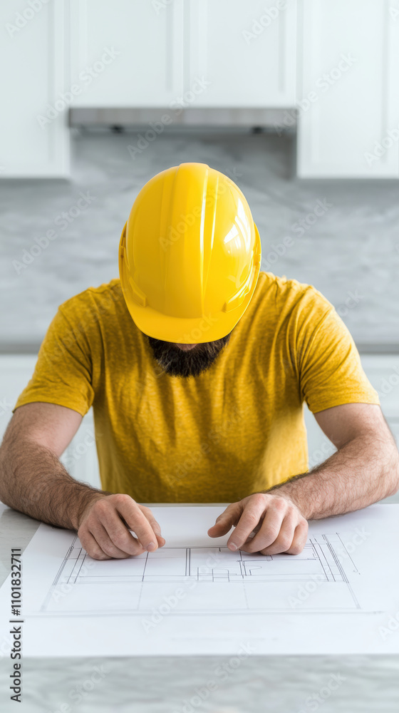 builder in yellow hard hat reviews architectural plans on table, focusing intently on details. setting is modern, bright workspace, emphasizing construction and design builder in yellow hard hat reviews architectural plans on table, focusing intently on details. setting is modern, bright workspace, emphasizing construction and design