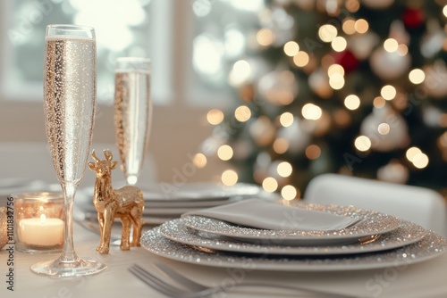 Elegant holiday table setting with sparkling decor and festive atmosphere