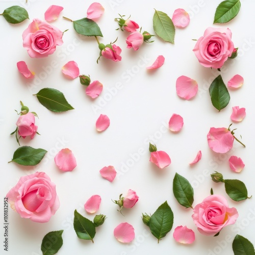 Soft pink roses arranged with petals on a white surface creating a serene dec...