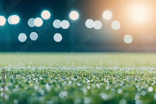 Nighttime sports field with illuminated background and dew covered grass