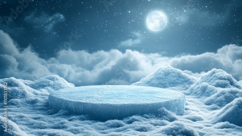 A snowy platform with a full moon and stars in the night sky.
