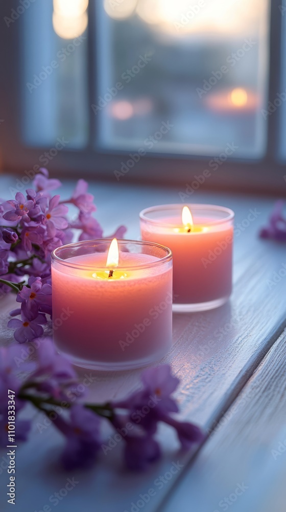 Soft glow of pink candles surrounded by cherry blossoms in tranquil setting during evening Soft glow of pink candles surrounded by cherry blossoms in tranquil setting during evening