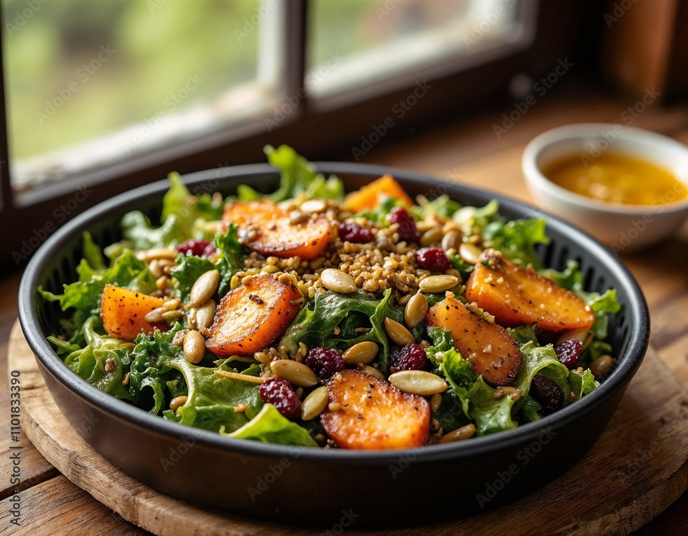 Autumn salad with roasted pumpkin, seeds, and cranberry dressing in a black bowl Autumn salad with roasted pumpkin, seeds, and cranberry dressing in a black bowl