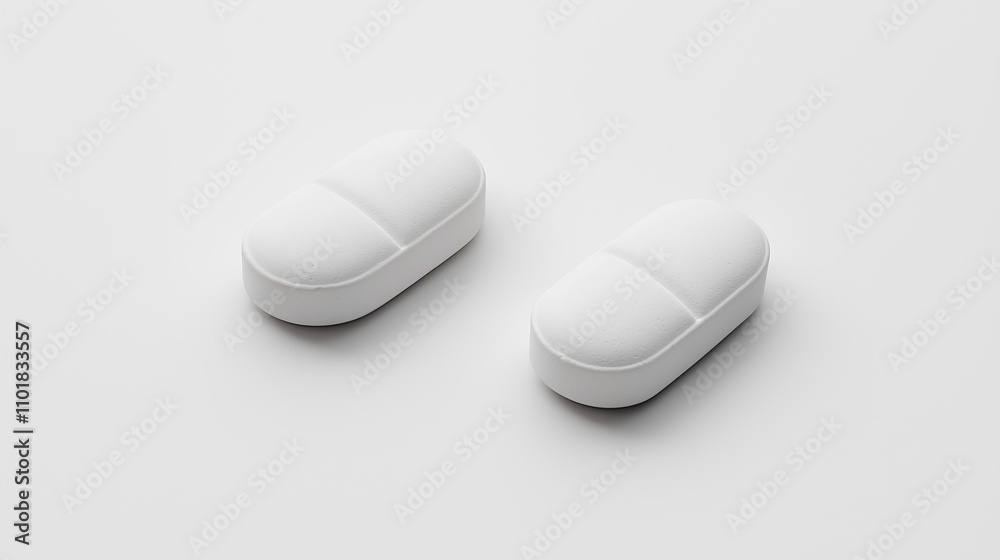 Two white capsules on clean white background symbolizing health and wellness Two white capsules on clean white background symbolizing health and wellness