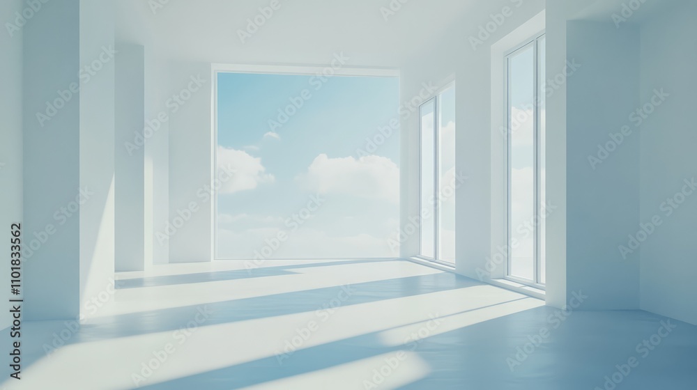 White and Clean Empty Room with Large Windows Interior White and Clean Empty Room with Large Windows Interior