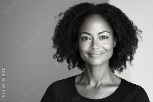 Smiling woman with curly hair poses against a wooden backdrop in natural light