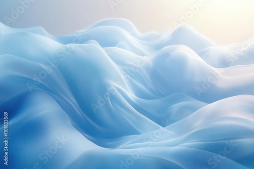 Abstract background of flowing blue fabric with soft lighting and a gradient of light blue to white.