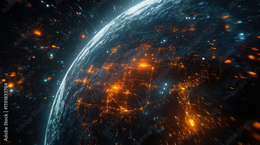Futuristic Digital Globe with Glowing Orange Networks from Space Futuristic Digital Globe with Glowing Orange Networks from Space