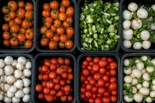 Fresh vegetables displayed in containers at a local market during daylight hours