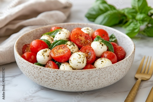 Fresh cherry tomato and mozzarella salad with basil on a marble counter