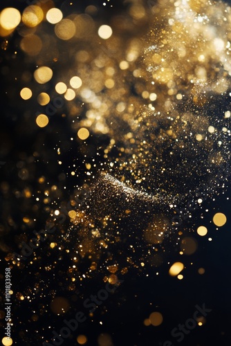 Golden particles shimmer in a dark background creating a stunning visual effe...